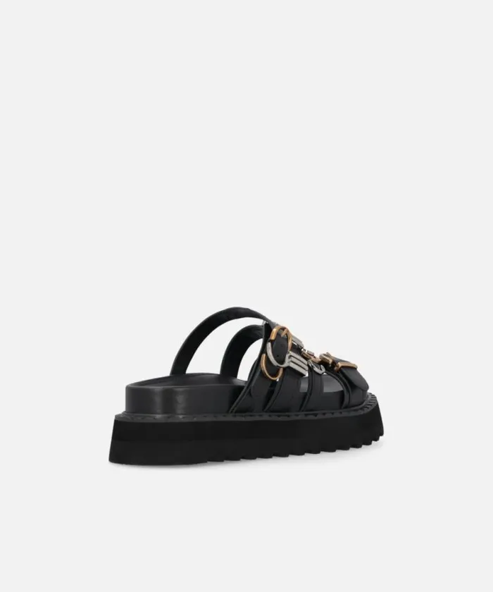 Women Sandals Pinko Leather Slippers With Wedge And Straps Limo Black Women Sandals Pinko Leather Slippers With Wedge And Straps Limo Black