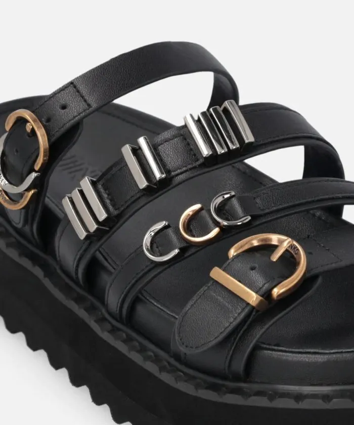 Women Sandals Pinko Leather Slippers With Wedge And Straps Limo Black Women Sandals Pinko Leather Slippers With Wedge And Straps Limo Black