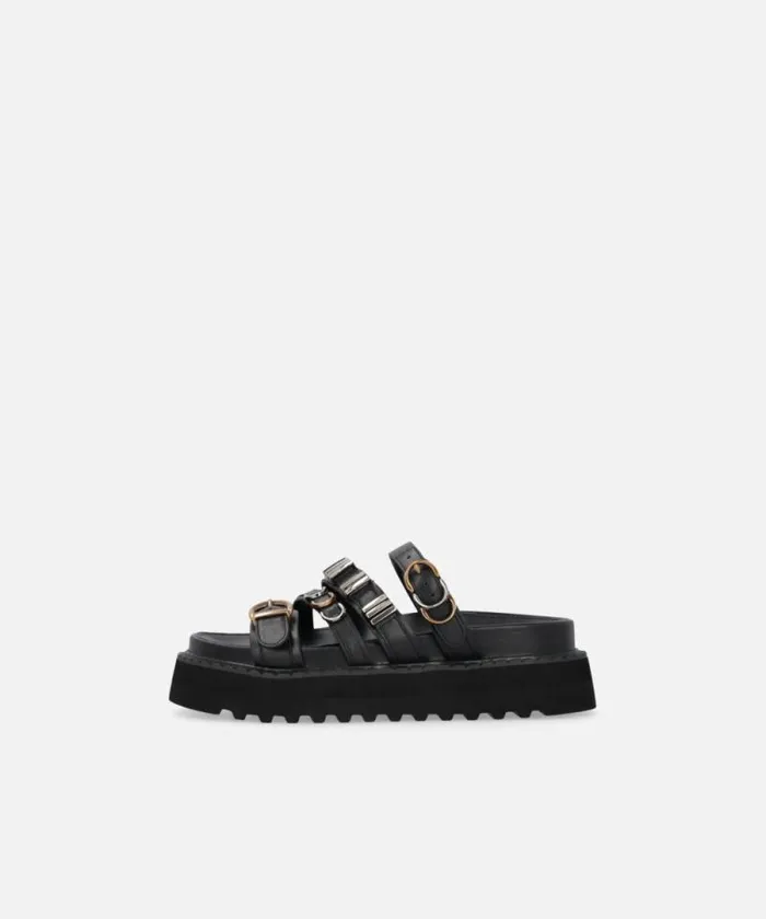 Women Sandals Pinko Leather Slippers With Wedge And Straps Limo Black Women Sandals Pinko Leather Slippers With Wedge And Straps Limo Black