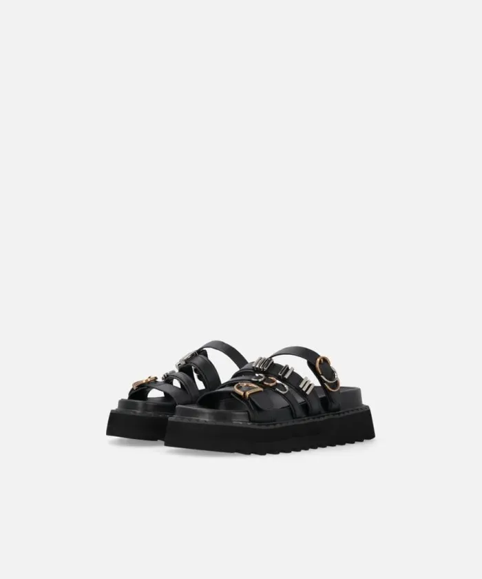 Women Sandals Pinko Leather Slippers With Wedge And Straps Limo Black Women Sandals Pinko Leather Slippers With Wedge And Straps Limo Black