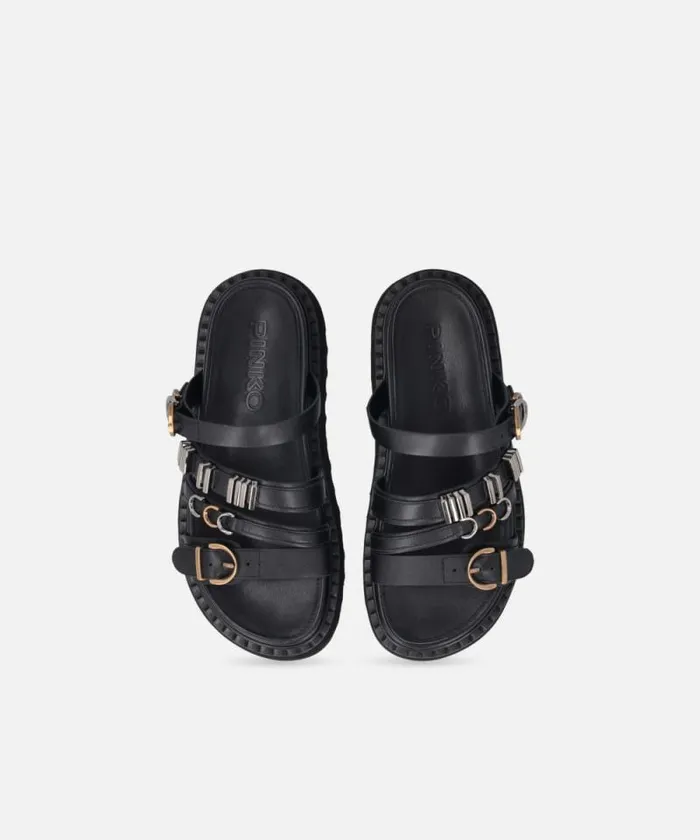 Women Sandals Pinko Leather Slippers With Wedge And Straps Limo Black Women Sandals Pinko Leather Slippers With Wedge And Straps Limo Black
