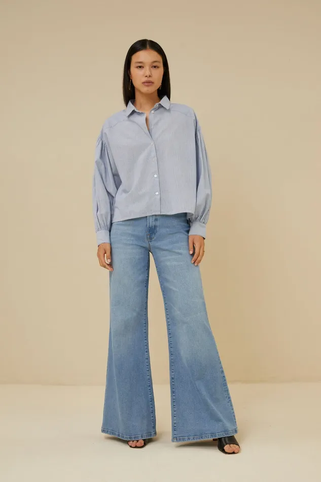Women Sarah Short Pin Stripe Blouse Indi Grey Bybar Blouses
