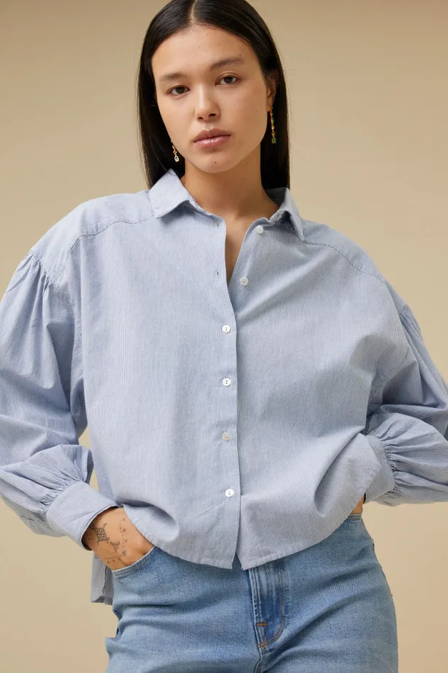 Women Sarah Short Pin Stripe Blouse Indi Grey Bybar Blouses Women Sarah Short Pin Stripe Blouse Indi Grey Bybar Blouses