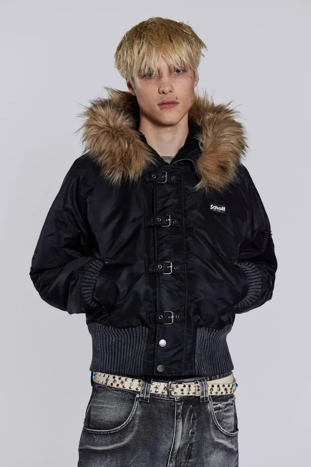 Women Schott Black MA1 Hooded Bomber Jacket Jaded London Outerwear
