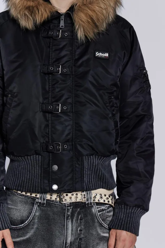 Women Schott Black MA1 Hooded Bomber Jacket Jaded London Outerwear