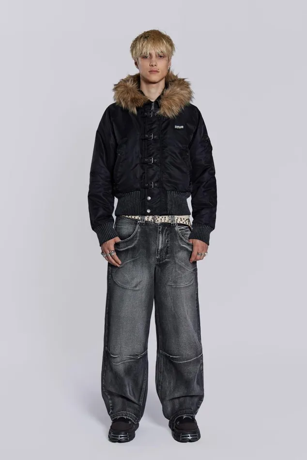 Women Schott Black MA1 Hooded Bomber Jacket Jaded London Outerwear