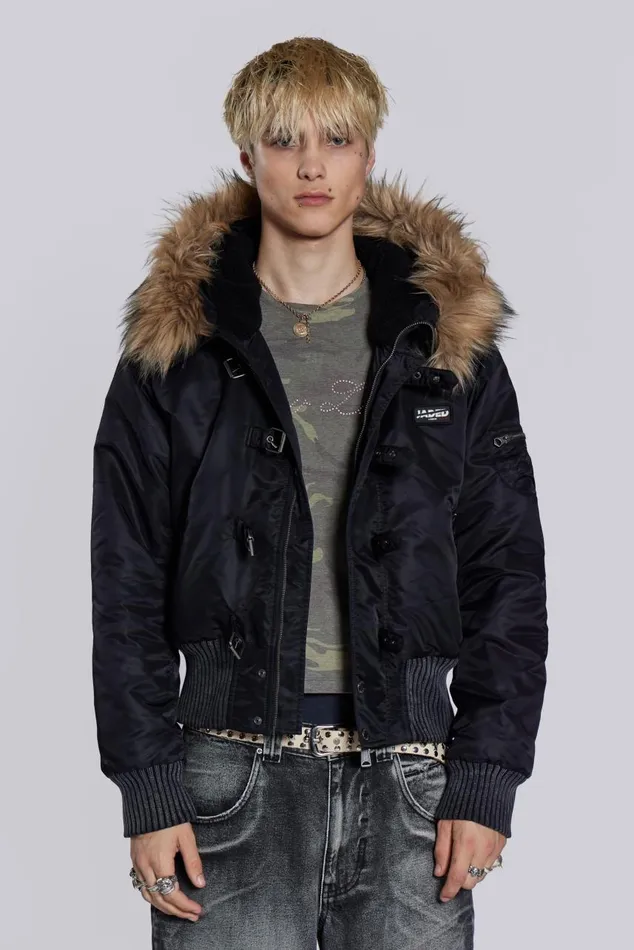 Women Schott Black MA1 Hooded Bomber Jacket Jaded London Outerwear