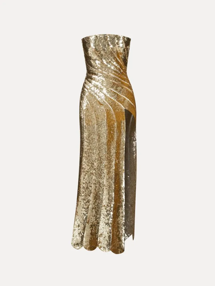 Women Sequin Wave and Scallop Detail Dress Gold Oscar De La Renta Gowns and Caftans Women Sequin Wave and Scallop Detail Dress Gold Oscar De La Renta Gowns and Caftans