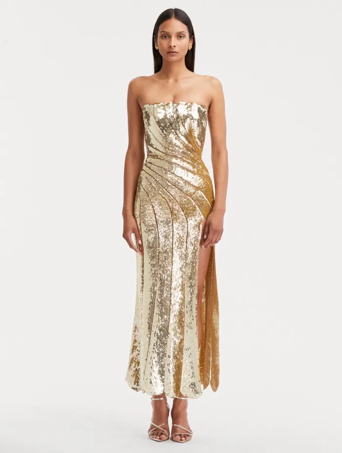Women Sequin Wave and Scallop Detail Dress Gold Oscar De La Renta Gowns and Caftans Women Sequin Wave and Scallop Detail Dress Gold Oscar De La Renta Gowns and Caftans