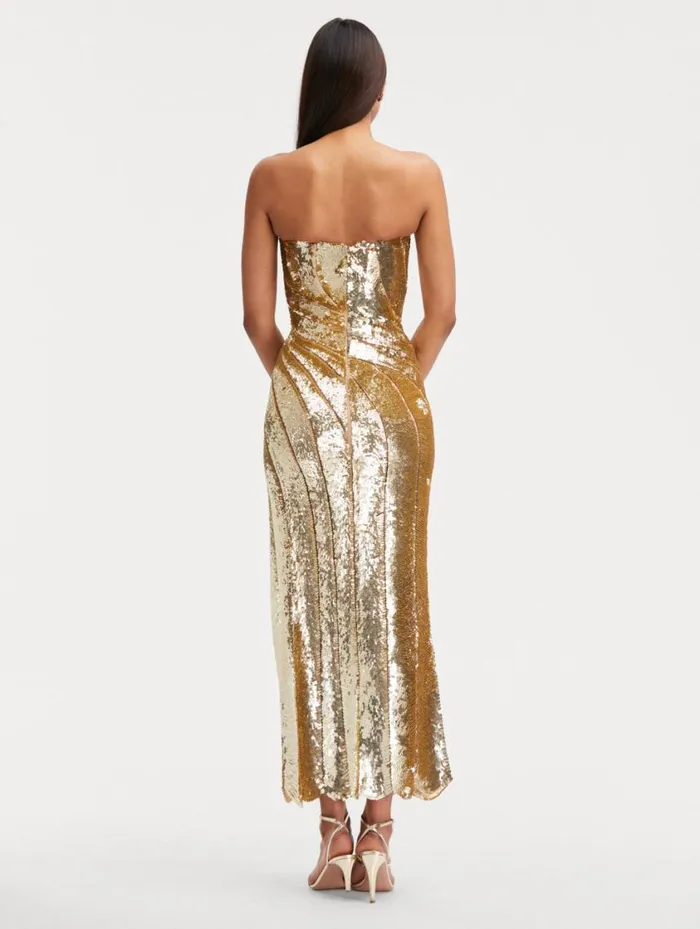 Women Sequin Wave and Scallop Detail Dress Gold Oscar De La Renta Gowns and Caftans Women Sequin Wave and Scallop Detail Dress Gold Oscar De La Renta Gowns and Caftans