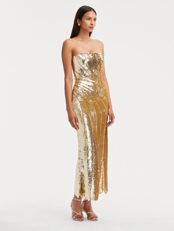Women Sequin Wave and Scallop Detail Dress Gold Oscar De La Renta Gowns and Caftans Women Sequin Wave and Scallop Detail Dress Gold Oscar De La Renta Gowns and Caftans