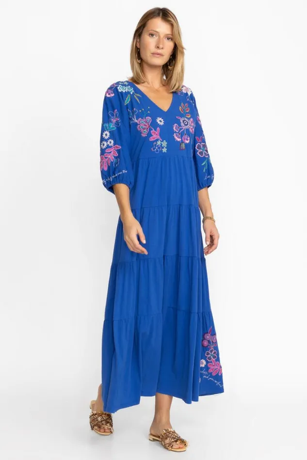 Women SHILO DOLMAN TIERED KNIT DRESS Blue Gem Johnny Was Dresses