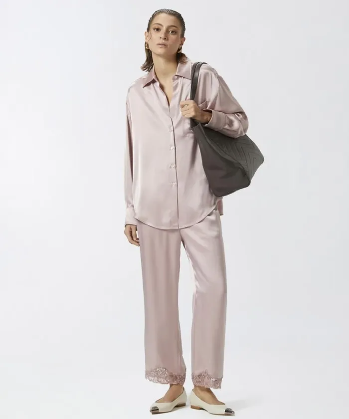 Women Shirts And Blouses Pinko Glossy Shirt With Plunging Neckline Zephyr Pink Women Shirts And Blouses Pinko Glossy Shirt With Plunging Neckline Zephyr Pink