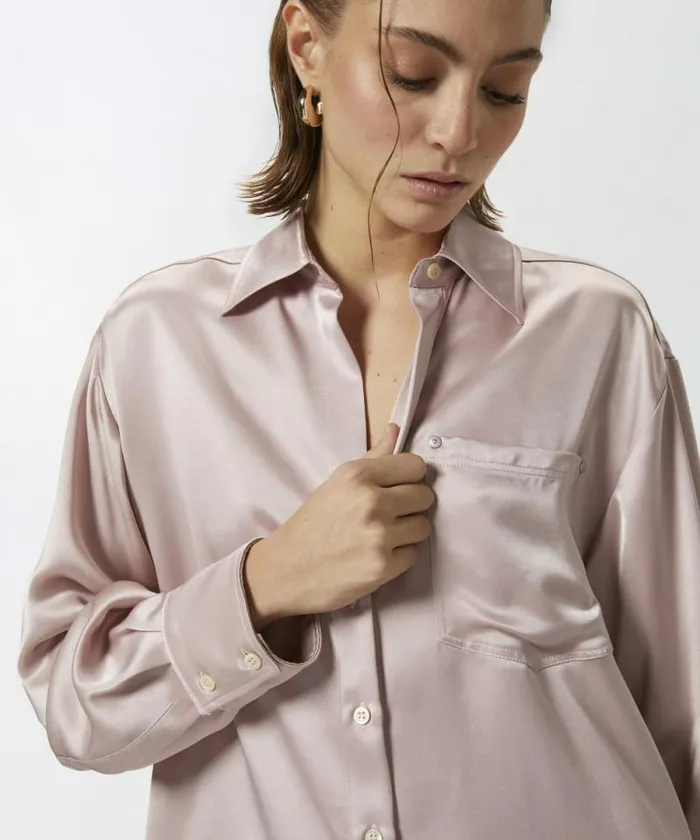 Women Shirts And Blouses Pinko Glossy Shirt With Plunging Neckline Zephyr Pink Women Shirts And Blouses Pinko Glossy Shirt With Plunging Neckline Zephyr Pink