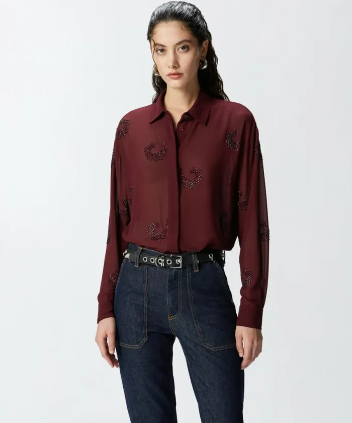Women Shirts And Blouses Pinko Semitransparent Shirt With Rhinestone Swirls Potent Purple Women Shirts And Blouses Pinko Semitransparent Shirt With Rhinestone Swirls Potent Purple