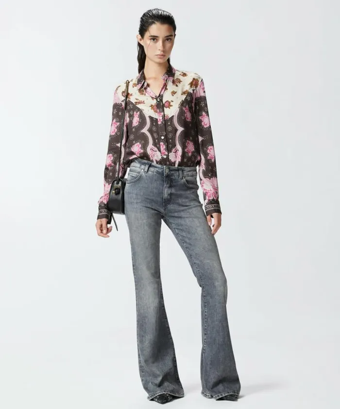 Women Shirts And Blouses Pinko Shirt With Floral Placed Print Brownpink Women Shirts And Blouses Pinko Shirt With Floral Placed Print Brownpink