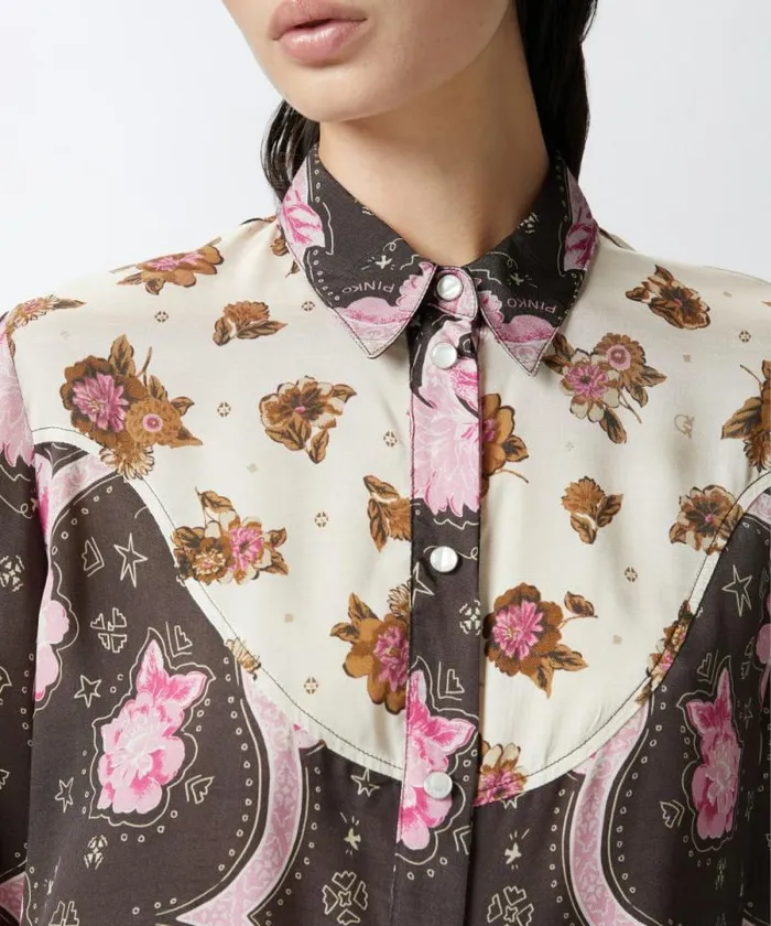 Women Shirts And Blouses Pinko Shirt With Floral Placed Print Brownpink Women Shirts And Blouses Pinko Shirt With Floral Placed Print Brownpink