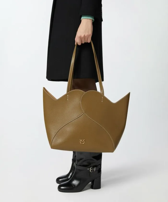 Women Shopping Bags Pinko Large Heart Shopper Bag In Leather Plantationantiquegold Women Shopping Bags Pinko Large Heart Shopper Bag In Leather Plantationantiquegold