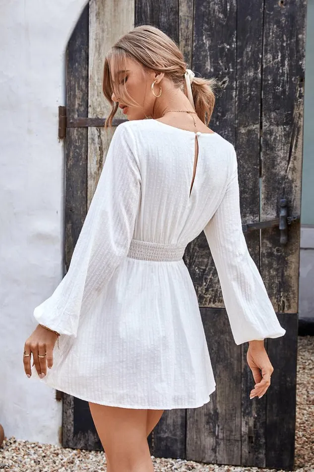 Women Short Dresses Cupshe Flamingo Beach Vneck Bubble Sleeve AShape Dress White