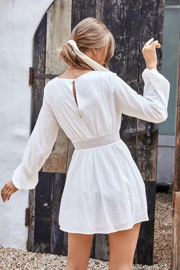 Women Short Dresses Cupshe Flamingo Beach Vneck Bubble Sleeve AShape Dress White