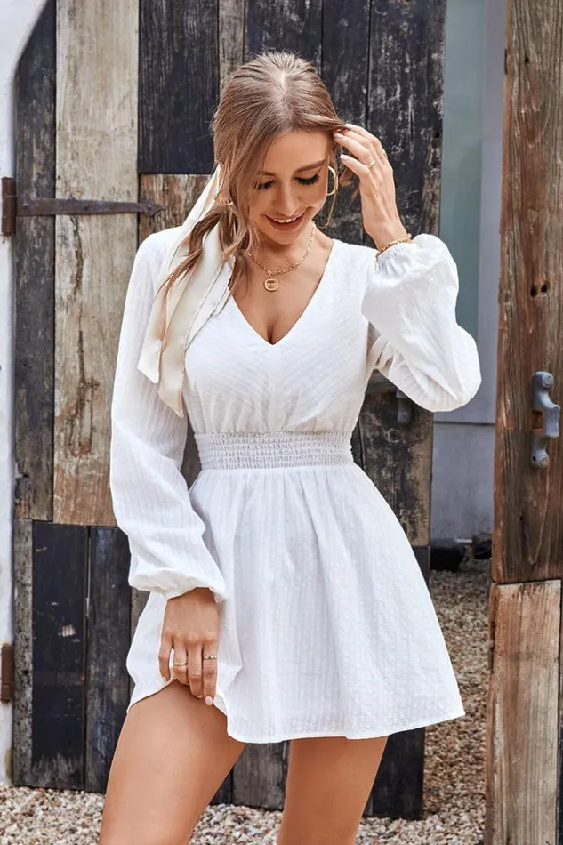 Women Short Dresses Cupshe Flamingo Beach Vneck Bubble Sleeve AShape Dress White