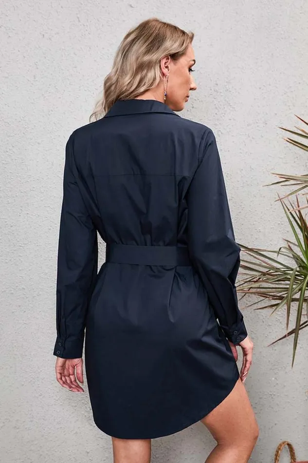 Women Short Dresses Cupshe Nya Shirtcollar Belted Dress Navy