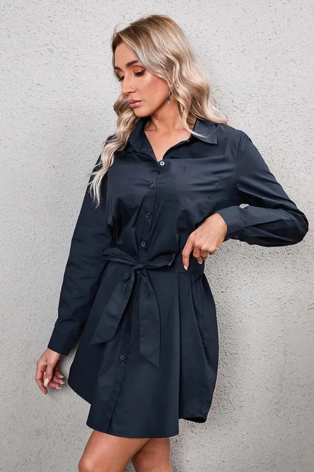 Women Short Dresses Cupshe Nya Shirtcollar Belted Dress Navy