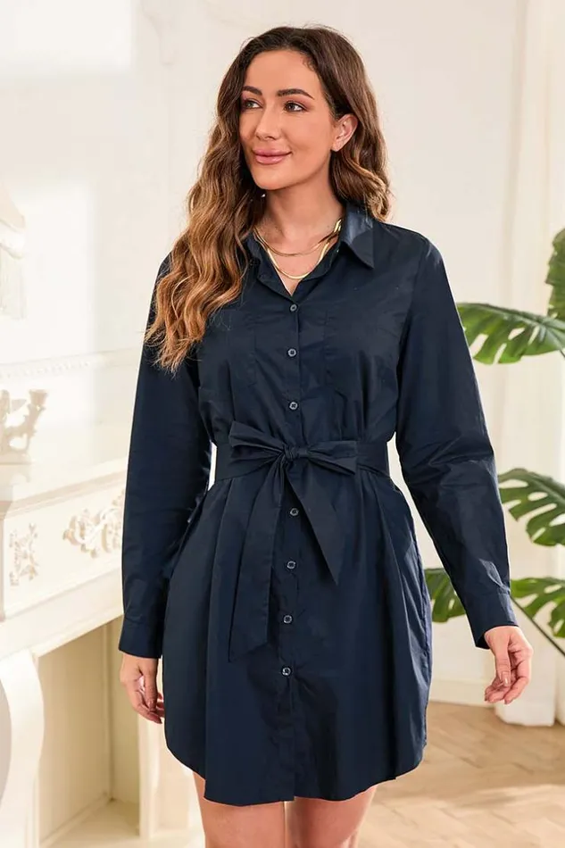 Women Short Dresses Cupshe Nya Shirtcollar Belted Dress Navy