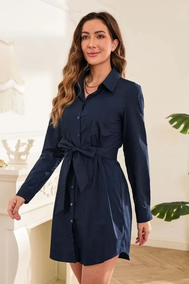 Women Short Dresses Cupshe Nya Shirtcollar Belted Dress Navy
