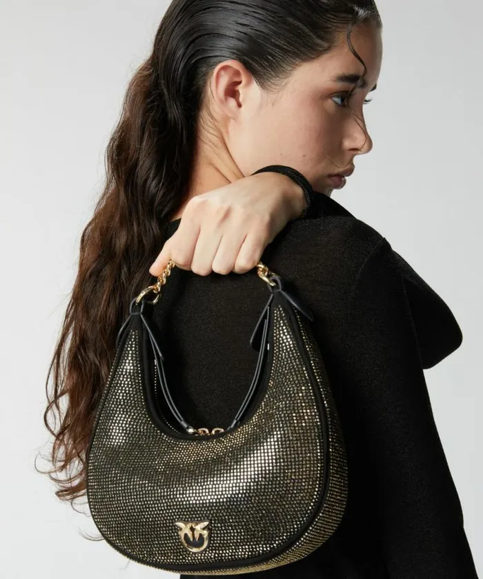 Women Shoulder Bags Pinko Fully Rhinestoned Mini Brioche Bag Hobo Limo Blackshiny Gold Women Shoulder Bags Pinko Fully Rhinestoned Mini Brioche Bag Hobo Limo Blackshiny Gold