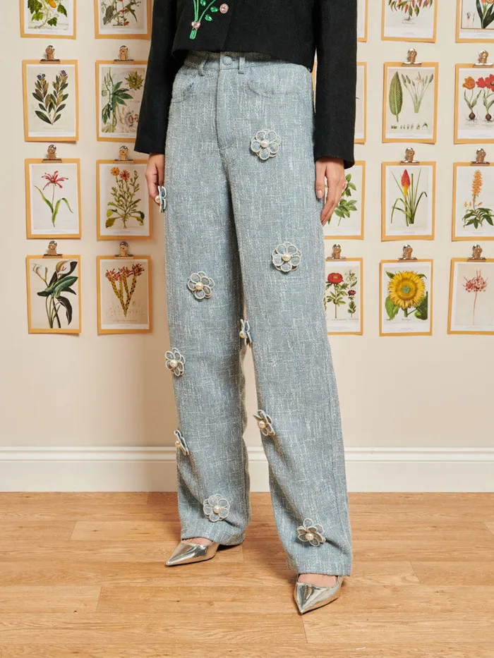 Women Sister Jane Bottoms DREAM Trinket Tweed Flower Trousers Pastel Blue
