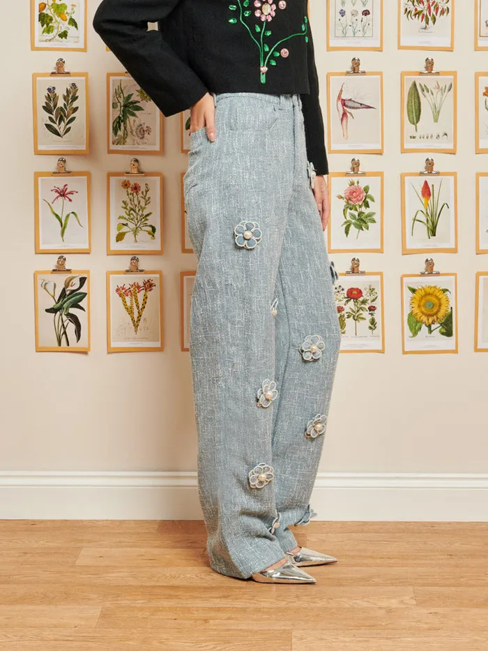 Women Sister Jane Bottoms DREAM Trinket Tweed Flower Trousers Pastel Blue