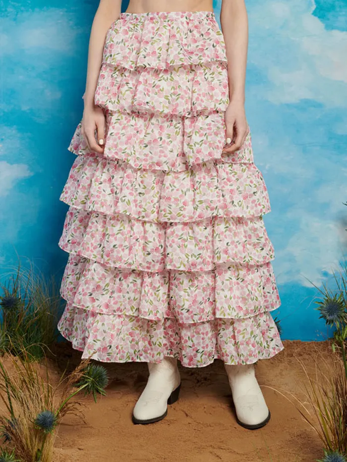Women Sister Jane Bottoms Wild Hearts Tiered Midi Skirt White Floral Pink