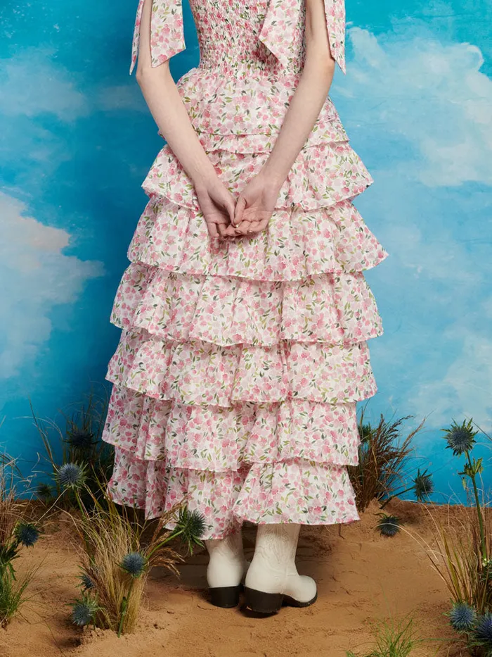 Women Sister Jane Bottoms Wild Hearts Tiered Midi Skirt White Floral Pink