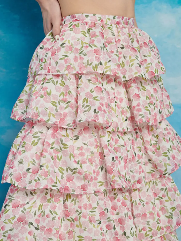Women Sister Jane Bottoms Wild Hearts Tiered Midi Skirt White Floral Pink
