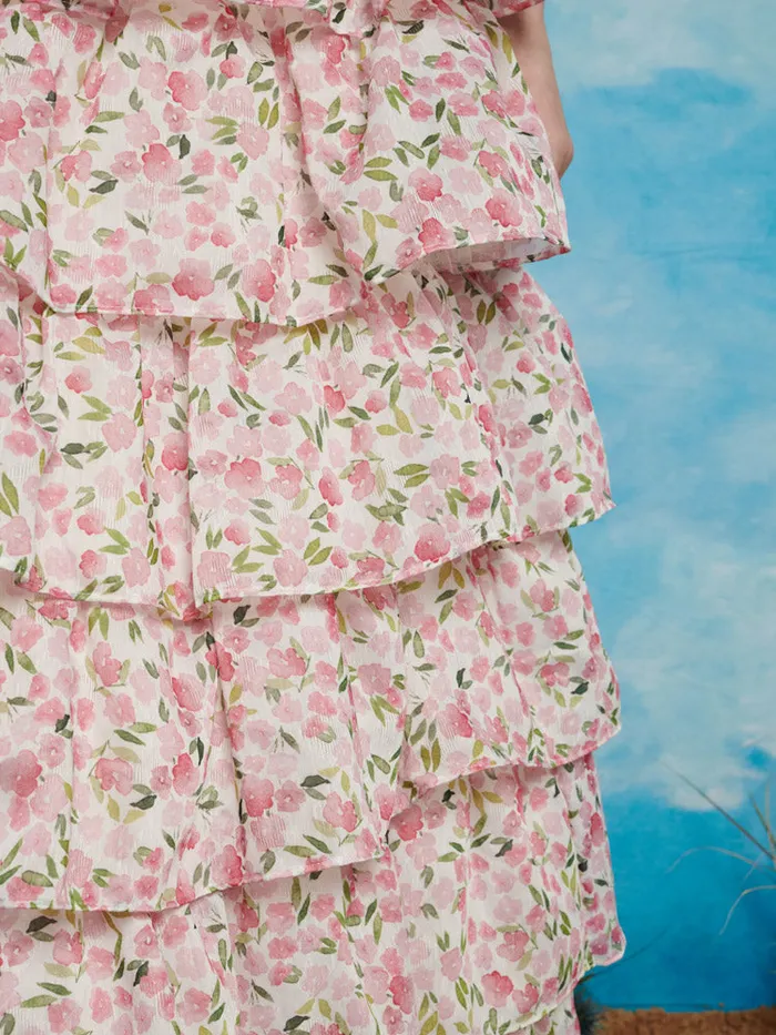 Women Sister Jane Bottoms Wild Hearts Tiered Midi Skirt White Floral Pink