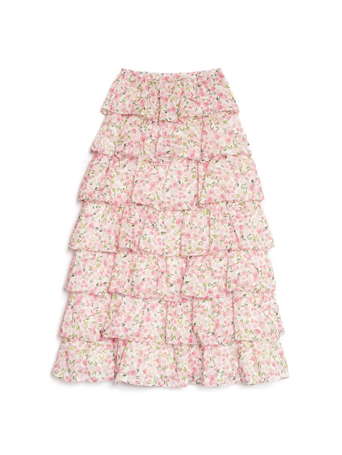 Women Sister Jane Bottoms Wild Hearts Tiered Midi Skirt White Floral Pink