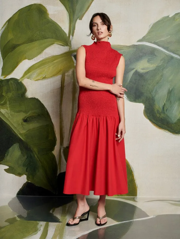 Women Sister Jane Dresses Ghospell Kali Shirred Midi Dress Vermillon Red