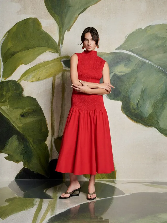 Women Sister Jane Dresses Ghospell Kali Shirred Midi Dress Vermillon Red