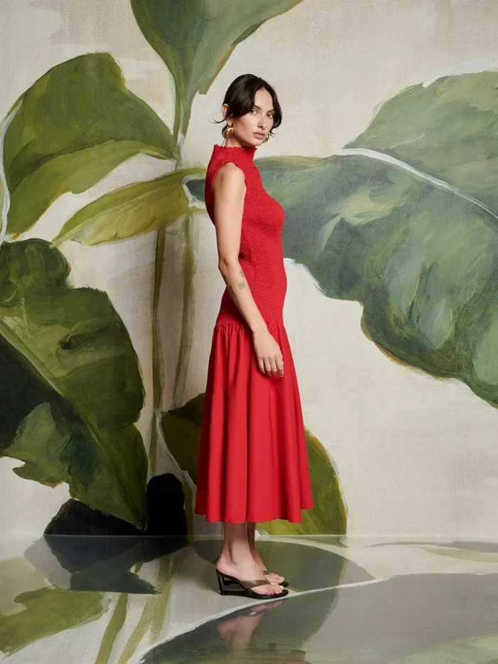 Women Sister Jane Dresses Ghospell Kali Shirred Midi Dress Vermillon Red