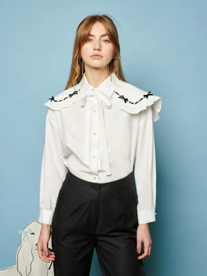 Women Sister Jane Tops Bonnie Bow Collar Shirt Pearled Ivory