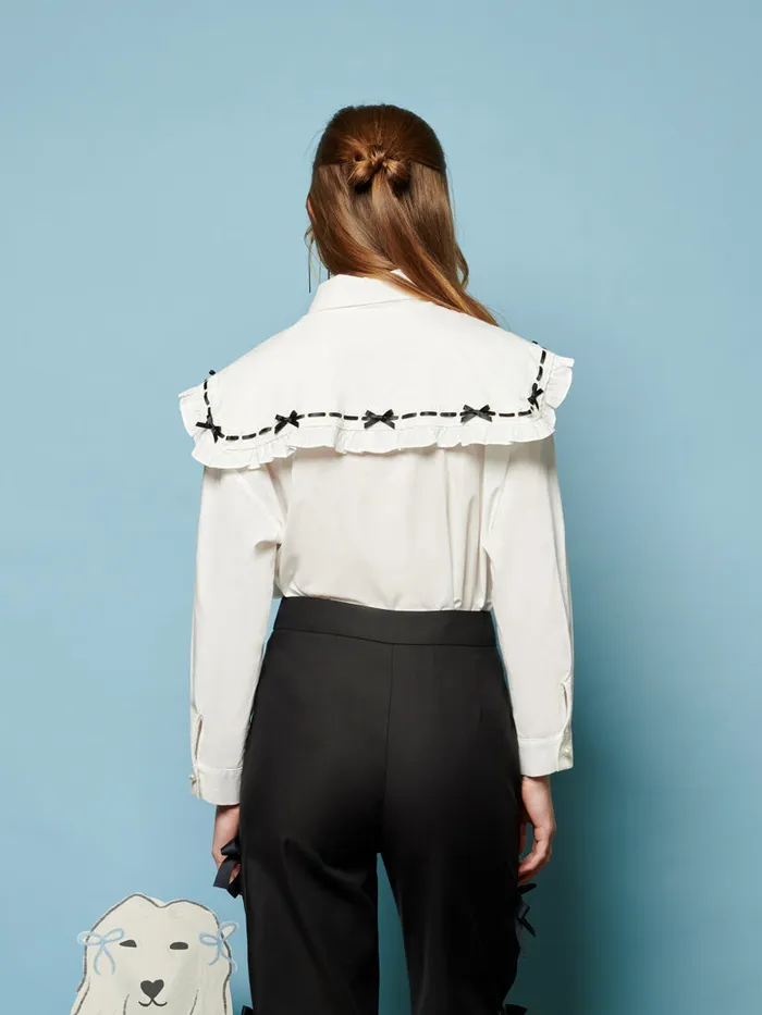 Women Sister Jane Tops Bonnie Bow Collar Shirt Pearled Ivory