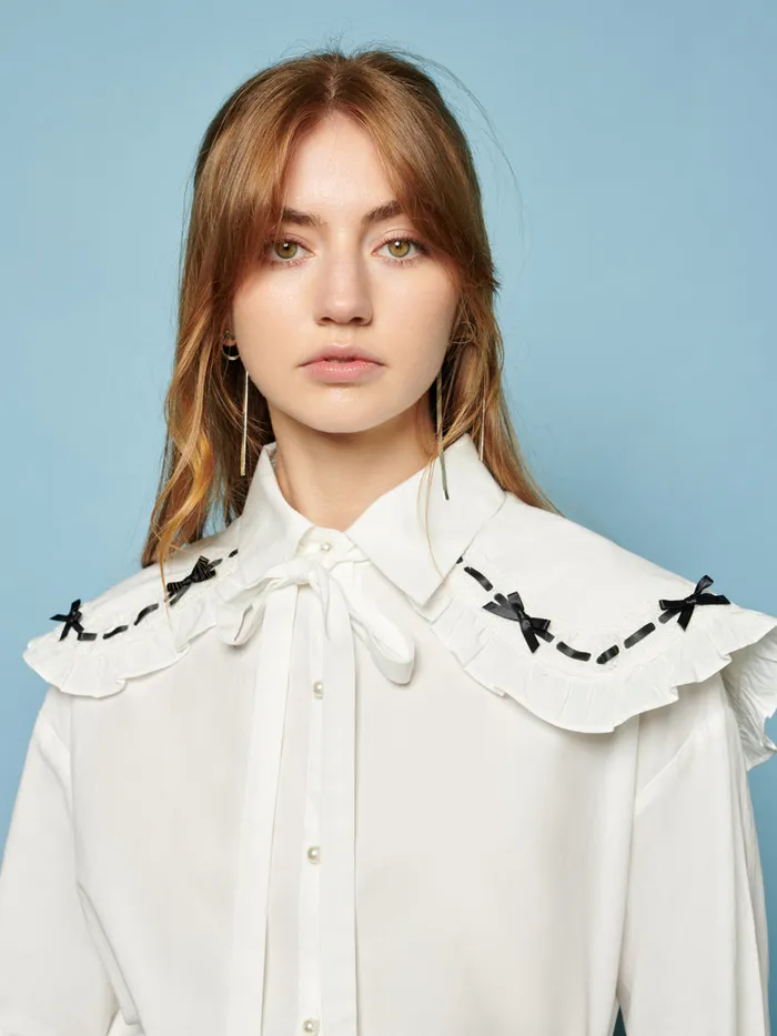 Women Sister Jane Tops Bonnie Bow Collar Shirt Pearled Ivory