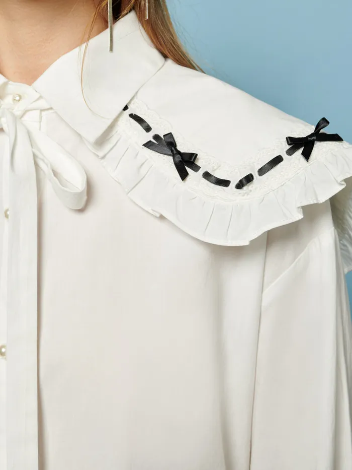 Women Sister Jane Tops Bonnie Bow Collar Shirt Pearled Ivory