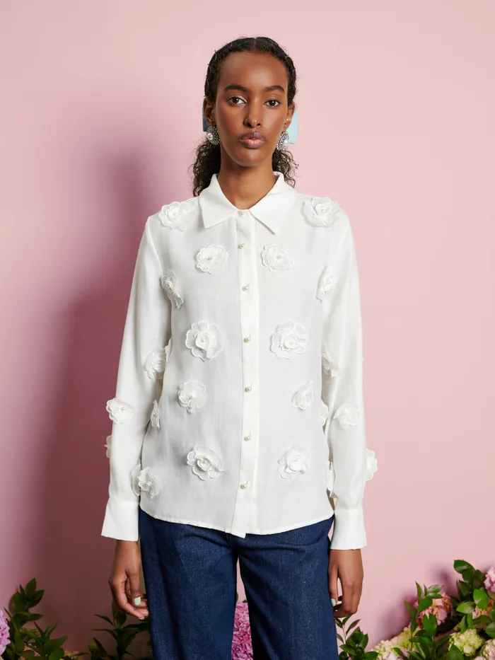 Women Sister Jane Tops DREAM Valley Flower Embellished Shirt Pearled Ivory