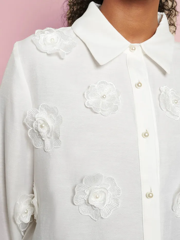Women Sister Jane Tops DREAM Valley Flower Embellished Shirt Pearled Ivory