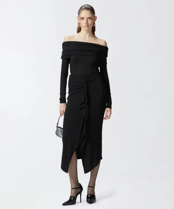 Women Skirts Pinko Flowing Pencil Skirt With Ruffle Limo Black