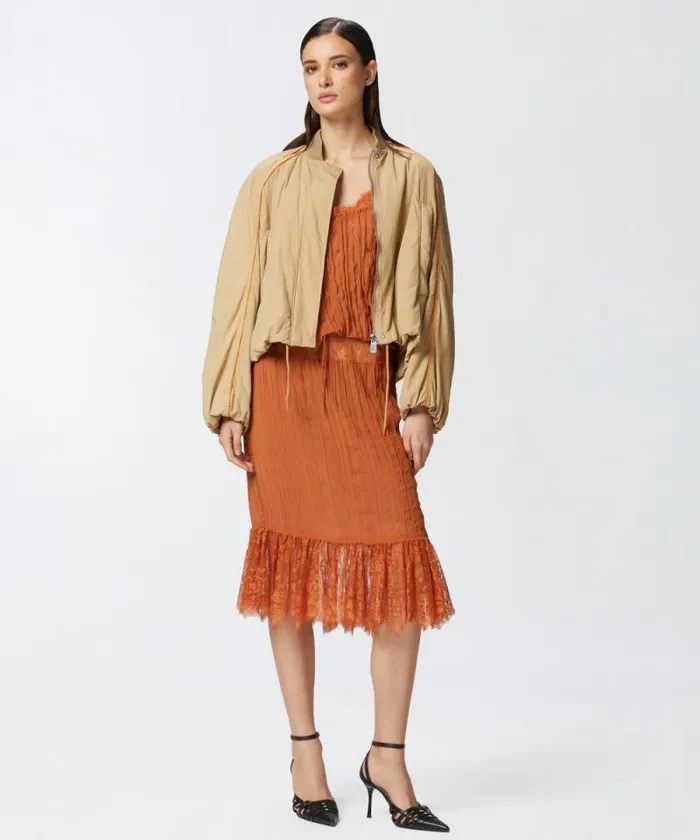 Women Skirts Pinko Gathered Kneelength Skirt With Lace Tan Brown