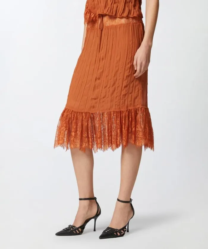 Women Skirts Pinko Gathered Kneelength Skirt With Lace Tan Brown Women Skirts Pinko Gathered Kneelength Skirt With Lace Tan Brown
