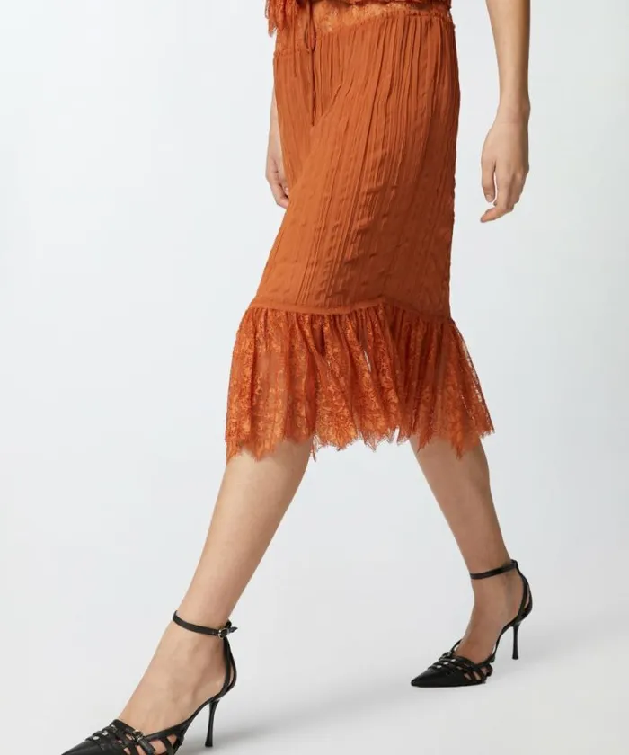 Women Skirts Pinko Gathered Kneelength Skirt With Lace Tan Brown Women Skirts Pinko Gathered Kneelength Skirt With Lace Tan Brown